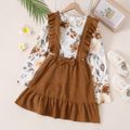 2-piece Kid Girl Floral Print Long-sleeve Tee and Bowknot Ruffled Corduroy Suspender Skirt Set Multi-color image 1