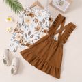2-piece Kid Girl Floral Print Long-sleeve Tee and Bowknot Ruffled Corduroy Suspender Skirt Set Multi-color image 5