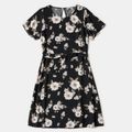 Floral Print Black Short-sleeve Belted Midi Dress for Mom and Me Black