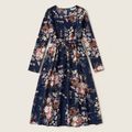 Floral Print Family Matching Sets（Long-sleeve Belted Midi Dresses and T-shirts） Royal Blue