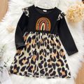 Toddler Girl Leopard Print Flutter Long-sleeve Splice Dress Black