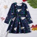 Kid Girl Bowknot Design Christmas Tree Print/Houndstooth Long-sleeve Dress Blue image 1