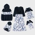 V-neck Solid Splice Plant Print and Hooded Long-sleeve Family Matching Dark Blue Sets Dark Blue image 1