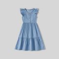 100% Cotton Blue Denim Family Matching Sets（Button Down Tiered Dresses and Short-sleeve Lapel Shirts） Blue