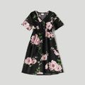 Floral Print Black Family Matching Sets（Midi Dresses and Short-sleeve Raglan T-Shirts） Black