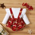 Christmas 2pcs Reindeer Print Splicing Letter Embroidered Long-sleeve Ribbed Romper Set White