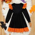 Kid Girl Halloween Pumpkin Hat Print Ruffle Hem Long-sleeve Colorblock Dress Black