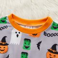 2-peice Kid Boy Halloween Ghost Pumpkin Print Pullover and Letter Print Black Pants Set Grey