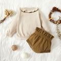 2pcs Baby Solid Long-sleeve Ruffle Knitted Sweater Pullover and Shorts Set White image 2