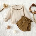 2pcs Baby Solid Long-sleeve Ruffle Knitted Sweater Pullover and Shorts Set White image 1