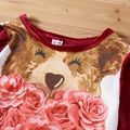 2-piece Kid Girl Floral Bear Print Ruffled Velvet Pullover and Solid Pants Set Burgundy