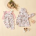 Sibling Matching Floral Print Long-sleeve Hooded Coat and Ruffle Jumpsuit Sets Pink