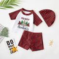 Christmas 3pcs Tree and Letter Print Red Plaid Raglan Short-sleeve T-shirts with Shorts Swimwear Set Red image 1