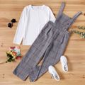 2-piece Kid Girl Long-sleeve White Tee and Button Design Plaid Overalls Set Color block