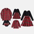 Red Plaid Print Long-sleeve Family Matching Sets(Plaid Splicing Black Belted Dresses) Red image 1