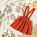 2-piece Toddler Girl Floral Print Flutter Long-sleeve Top and Layered Suspender Skirt Set Multi-color