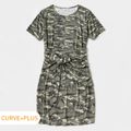 Army Green Camouflage Short-sleeve Belted Midi Dress for Mom and Me Army green