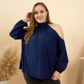 Women Plus Size Elegant Cold Shoulder Halter Long-sleeve Blouse Dark Blue