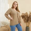 Women Plus Size Basics V Neck Ruffled Knit Sweater Khaki