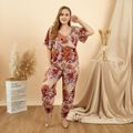Women Plus Size Elegant Floral Print Surplice Neck Short-sleeve Jumpsuit Apricot