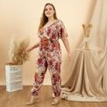 Women Plus Size Elegant Floral Print Surplice Neck Short-sleeve Jumpsuit Apricot