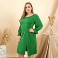 Women Plus Size Elegant Square Neck Side Slit Dress Dark Green
