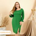 Women Plus Size Elegant Square Neck Side Slit Dress Dark Green
