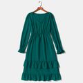 Solid Dark Green V Neck Long-sleeve Layered Ruffle Hem Midi Dress for Mom and Me Dark Green