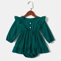 Solid Dark Green V Neck Long-sleeve Layered Ruffle Hem Midi Dress for Mom and Me Dark Green