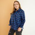 Women Plus Size Basics Lapel Collar Button Design Plaid Shirt Dark Blue