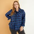 Women Plus Size Basics Lapel Collar Button Design Plaid Shirt Dark Blue