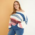 Women Plus Size Elegant Colorful Stripe Knit Sweater Blue