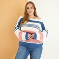Women Plus Size Elegant Colorful Stripe Knit Sweater Blue