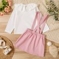 2-piece Toddler Girl Doll Collar Long-sleeve White Top and Button Design Pink Suspender Skirt Set White