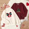 Kid Girl Christmas Sequined Bowknot Design/Tree Embroidered Teddy Fuzzy Pullover Sweatshirt Beige image 2