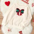 Kid Girl Christmas Sequined Bowknot Design/Tree Embroidered Teddy Fuzzy Pullover Sweatshirt Beige image 1