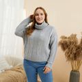 Women Plus Size Casual Turtleneck Grey Cable Knit Sweater Grey