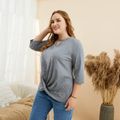 Women Plus Size Casual Hollow out Twist Front 3/4 Sleeve Tee Dark Grey