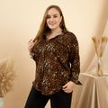 Women Plus Size Casual Leopard Print Lapel Collar Button Design Long-sleeve Shirt Brown