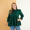 Women Plus Size Casual Christmas Green Plaid Tiered Blouse Green