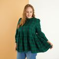 Women Plus Size Casual Christmas Green Plaid Tiered Blouse Green