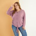 Women Plus Size Casual V Neck Button Design Tie Knot Long-sleeve Tee Hot Pink