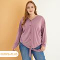 Women Plus Size Casual V Neck Button Design Tie Knot Long-sleeve Tee Hot Pink