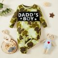 Baby Boy Letter and Cartoon Animal Print Camouflage Long-sleeve Jumpsuit Dark Green