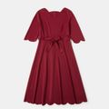 Wine Red Scallop Trim Neck Belted Midi Dress for Mom and Me Burgundy