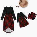 Plaid Splicing Black Casual Round Neck Long-sleeve Belted Dress for Mom and Me Color block