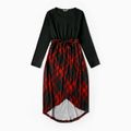 Plaid Splicing Black Casual Round Neck Long-sleeve Belted Dress for Mom and Me Color block