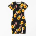 Family Matching Sunflower Floral Print Black Short-sleeve Pencil Dresses and T-shirts Sets Multi-color