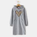 Leopard Love Heart Print Grey Long-sleeve Hoodie Dress for Mom and Me Grey