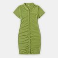 100% Cotton Solid Green Lapel Button Short-sleeve Ruched Bodycon Dress for Mom and Me Pale Green image 2